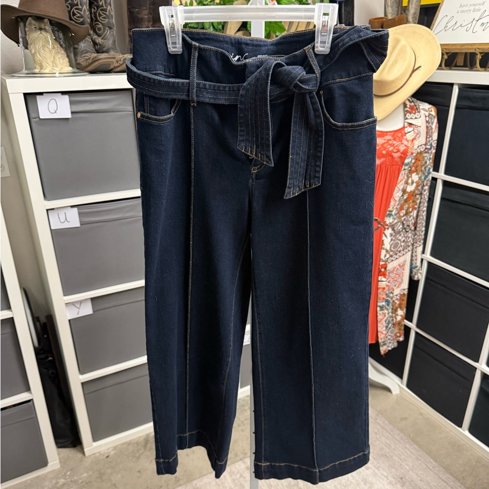 Inc High-Waist Dark Indigo Belted Cropped Wide-Leg Jeans